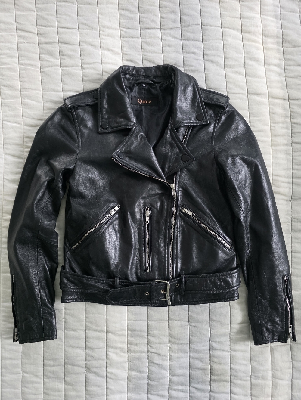 100% Sheep Leather Quince Motorcycle Black Jacket size xs Brand New w/o Tags